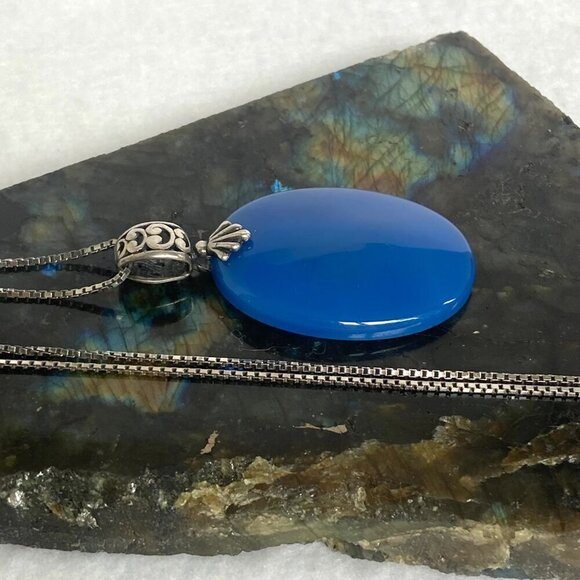 Sterling Silver 925 Oval Blue Chalcedony Quartz Scrollwork Pendant Necklace 20" - Picture 13 of 16